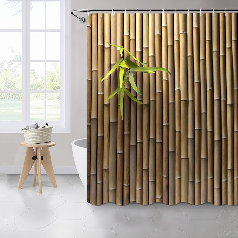 Bamboo Patttern Shower Curtains Set Green Leaves Bamboo Wall Creative