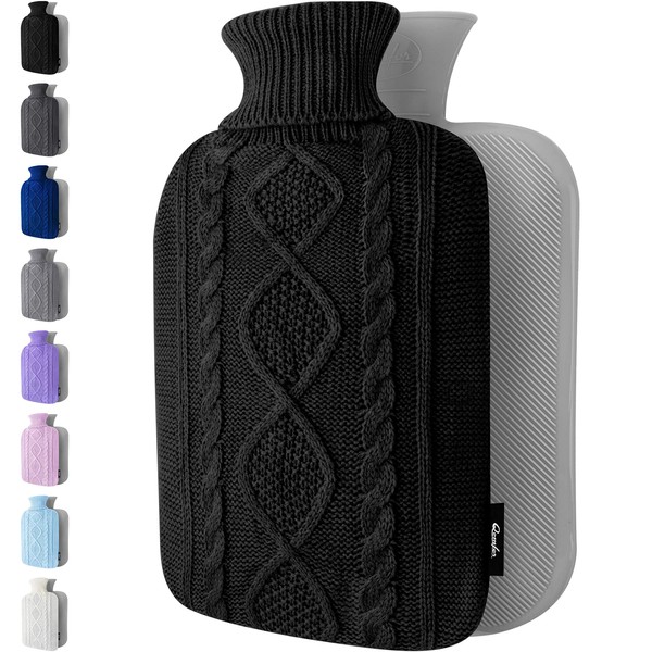 Hot Water Bottle with Cover - Soft Premium Knitted Cover - 1.8 L Large Hot Water Bottle Kids Bed Bottle for Adults for Cuddly Nights and Pain Relief - Black