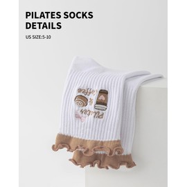 Cute Pilates Grip Socks for Women Ruffle Frilly Yoga Socks Non Slip Cotton Crew Grippy Sock for Barre Workout (CA/US, Alpha, One Size, Regular, Regular, 1 Pack-Brown)