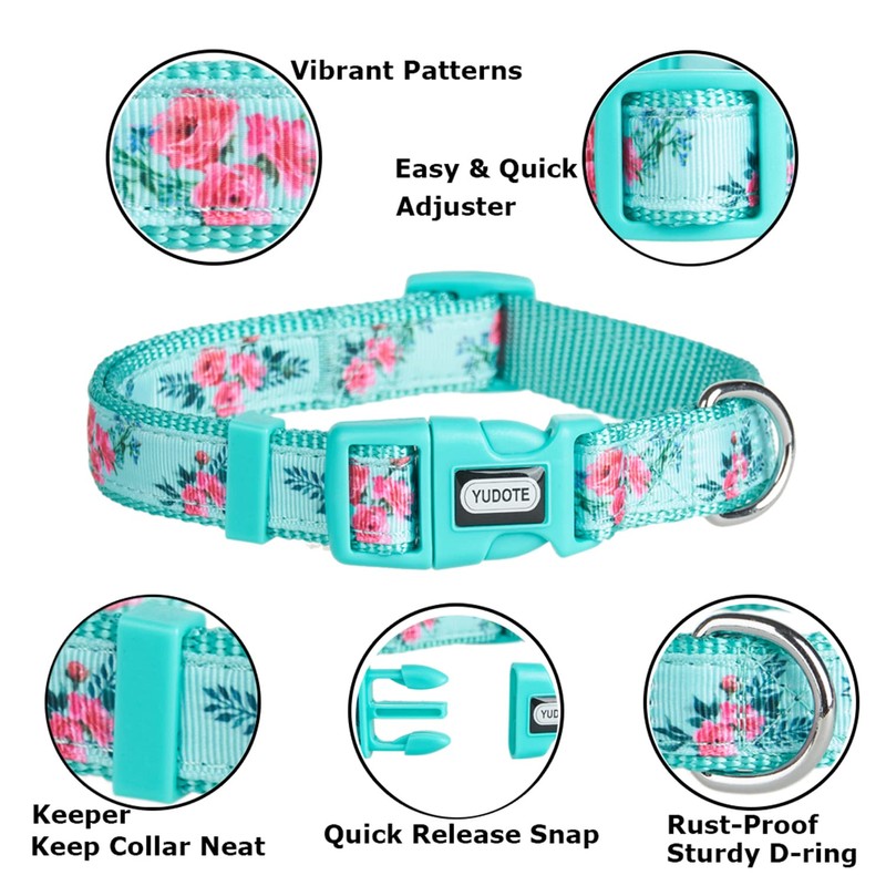 YUDOTE Adjustable Mint Green Nylon Dog Collar Small with Flower