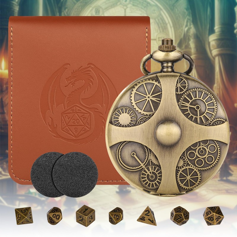 Mini DND Dice Set Bronze Steampunk Gear Pocket Watch Case