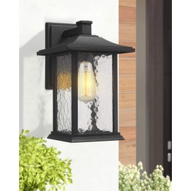Beionxii Outdoor Wall Light Fixture, 1-Light Exterior Wall Lantern Porch Patio Lamp, Sand Textured Black Die-cast Aluminum with Water Glass(8"W x 13.5"H) - A272W-1PK