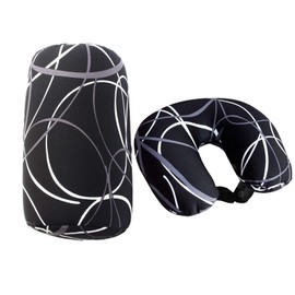 Bookishbunny 2pcs Micro Bead Set U Shaped Neck Travel Pillow 12" x 12" x 4" and Roll Back Pillow Cushion 13" x 7", Various Designs (Black Wave)