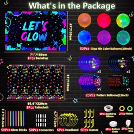 190 PCS Neon Glow Birthday Party Supplies - Let's Glow Backdrop Banner, Tablecloth, Glow in The Dark Balloons, Glow Sticks, Bracelet Connectors, Glasses, and Headband for Kid Neon Party Decorations