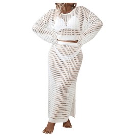 GORGLITTER Women's Plus Size 2 Piece Crochet Cover Ups Long Sleeve Knitted Hollow Out Skirt Set Beachwear White Large Plus