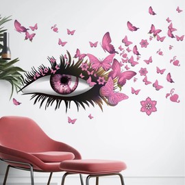 Creative Beautiful Girl Eyes Wall Sticker, Pink Flying Butterfly Wall Decals, Girl Long Eyelashes Heart Décor, DIY Art Vinyl Mural for Couple Lovers Girls Bedroom Living Room Decoration