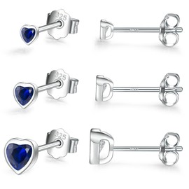 Sterling Silver Small Stud Earrings for Women Men, 3 Pairs of Tiny Heart Shaped Blue Cubic Zirconia Earrings White Gold Plated CZ Cartilage Tragus Earrings(2mm/3mm/4mm)