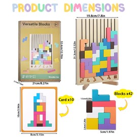 PASLFC Tetris Wooden Game 3D, Wooden Tetris Montessori Colourful, Wooden Stacking Game Tetris with 42 Stones and 10 Challenge Cards, Montessori Toy from 3 Years, Gift for Children