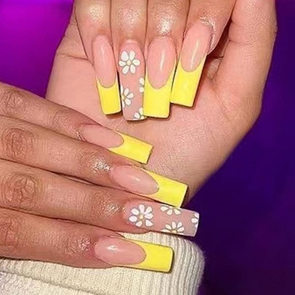 Brishow Artificial Nails French Long Nails for Sticking On Yellow Flowers Press On Nails Ballerina False Nails 24 Pieces for Women and Girls