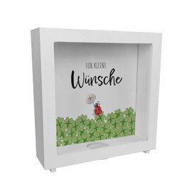 Ladybird in Clover Frame Wooden Money Box with Saying for Small Wishes, Perfect as a Lucky Charm for Florists, Cute Flower Decoration and Practical Tip Till for Saving