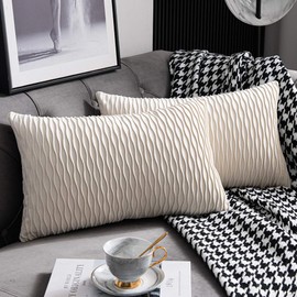 DEZENE Ivory White Couch Pillow Covers: 2 Pack 12x20 Inch Original Striped Velvet Rectangular Throw Pillow Cases for Farmhouse Home Decor