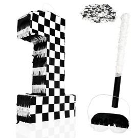 MUNILAIL Checkered Number 1 Pinata Black and White Checkered Pinata with Stick and Blindfold Confetti for 1st Birthday Racing Car Party Game Supplies Race Car Pinatas