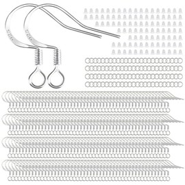 200 PCS/100 Pairs Earring Hooks 925 Sterling Silver Plated Hypoallergenic White Gold Tone Ear Wires Fish Hooks with 100 PCS Silicone Earring Backs and Jump Rings Earring Finding for DIY Jewelry Making