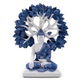 Puckator White & Blue Thai Buddha Tree of Life - Cute Room Decor - Aesthetic Feng Shui Meditation Accessories - Garden Ornaments - Shelf Desk Decorations - Mindfulness Home Gifts - Statues