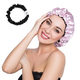 Stain Bonnet Silk Sleep Cap Adjustable Satin Cap for Night Sleeping Hair Bonnet Reversible Double Layer Light Purple/Black