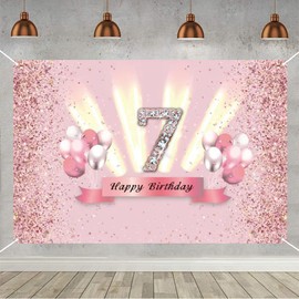 7th Birthday Decorations Happy 7th Birthday Backdrop Banner for Girls 7th Birthday Party Background Pink Party Banner with Diamond Element Kids Photo Studio Props