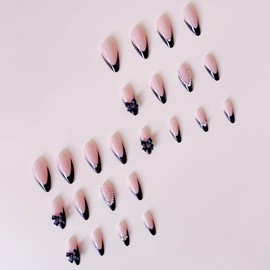 24pcs Press On Nails Medium French Tip Black Almond Shape Fake Nails 3D Bow Artificial Fingernails With White Sparkling Rhinestone Design Natural Full Coverage Acrylic Nails for Women Manicure Gifts
