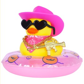 Jyeennar Funny Pink Cowboy Rubber Ducks with Hat, Sunglasses, Necklace, Scarf, Gun, and Swim Ring - Squeaky Car Dashboard Decor, DIY Fashion Accessory for Car, Home, Office, Gift