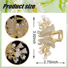 1 Pack Big Butterfly Hair Claw Clip Metal Gold Hair Clips Crystal Rhinestone Butterfly Claw Clips Lily of the Valley Pearl Tassel Design Non Slips Hair Accessories for Women Wedding Birthday Decor