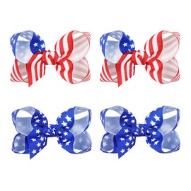 YanJie 4th of July Bow Hair Clips Red Blue Ribbon White Star Baby Girl Clips American Flag Clips Patriotic Flag Hairpins Girls Hair Accessories 4Pcs