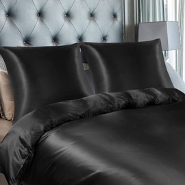 PiccoCasa Satin Bed Linen 155 x 200 cm Black 3-Piece Plain Smooth Luxury Silk Duvet Cover with Zip and Pillowcase 80 x 80 cm Cuddly Soft Bedding Sets