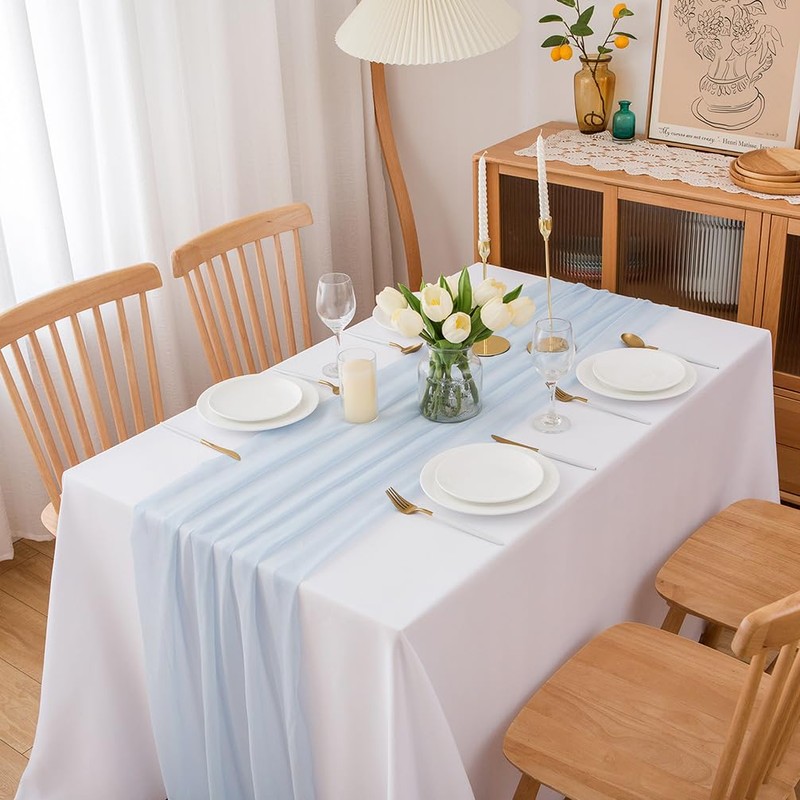 Chuqing Chiffon Table Runner, Light Blue, Decorative Table Runner, Table