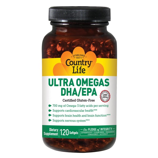 Country Life Ultra Omegas DHA/EPA, Supports Cardiovascular Health, Brain Health and Function, 120 Softgels, Certified Gluten Free