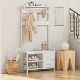 Lulive Hall Tree, 31.5” Entryway Bench with Coat Rack freestanding, 5 in 1 Intelligent Design Shoe Bench and Wall Rack 17 Hooks and Drawers (White)