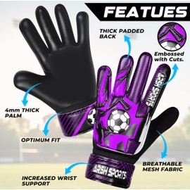 Arsh Sports Soccer Goalie Gloves for Kids,Goalkeeper Gloves for Youth Boys Girls 4MM Latex Palm,Anti Slip,Super Gip Double Wrist Protection (Black-Purple, Size 7 Suitable for Size S-M Adult)