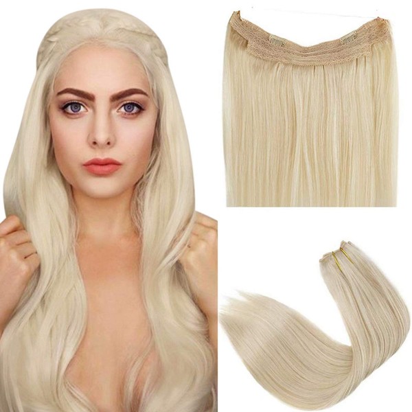LaaVoo Blonde Halo Hair Extensions Real Human Hair 80g Secret Wire #24 Light Blonde Human Hair Extensions Halo One Piece Double Weft 14inch