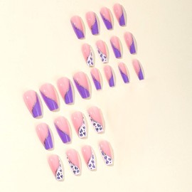 Coffin Press on Nails Medium Fake Nails White Purple French Tip Acrylic Nails Glossy Glue on Nails Cute Fals Nails with Silver Glitter Purple Leopard Print Designs Pink Stick on Nails for Women 24Pcs