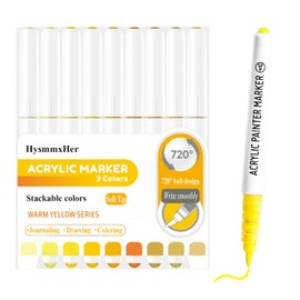 HysmmxHer Creative Paint-like Brush Tip Acrylic Markers, Assorted Colors, 9 Count, Perfect for Art and Craft Supplies, Ideal for Canvas, Wood, Stone, and DIY Crafts (Warm Yellow Series)