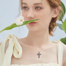 URONE Cross Necklace Sterling Silver Cross Flower Pendant Necklace Christian Religious Vintage Jewellery Gifts for Women