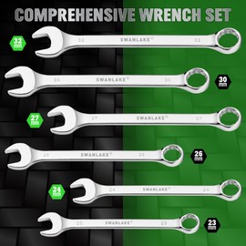 6-Piece All-Purpose Combination Wrench Set, Metric & Standard 23mm, 24mm, 26mm, 27mm, 30mm, 32mm, Heat Treated CR-V, 12-Point Box End Big Wrench Set, Master Long Mechanic Tool Set with Rolling Pouch