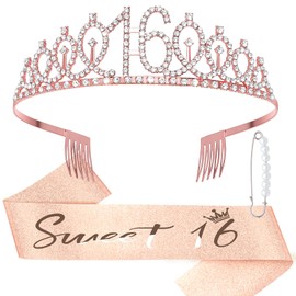 DRESHOW 16th Birthday Crown and Sash for Women 16th Birthday Girls Sash & Rhinestone Tiara Set Hair Accessories for Party