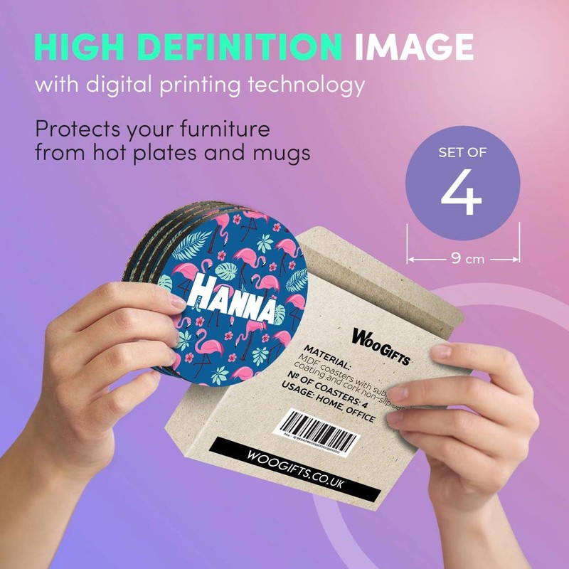 4 x Boxed Round Coasters - Name Hanna Tropic Flamingo