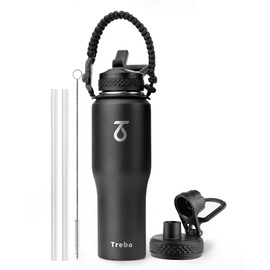 Trebo 32 oz Water Bottle Insulated Fit in Any Car Cup Holder,Triple Wall Vacuum Stainless Steel Water Bottles (Keep Cold for 48 Hrs),Leakproof Tumbler Flask with Paracord Handle,Straw Spout Lids