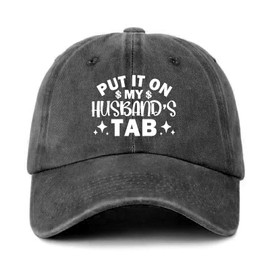 GOSJINNK Funny Saying Distressed Washed Black Baseball Hat Put It On My Husband's Tab Pure White Printed Cotton Adjustable Baseball Cap for Men Women Great Birthday Gift for Dad Mom Friend Coworker