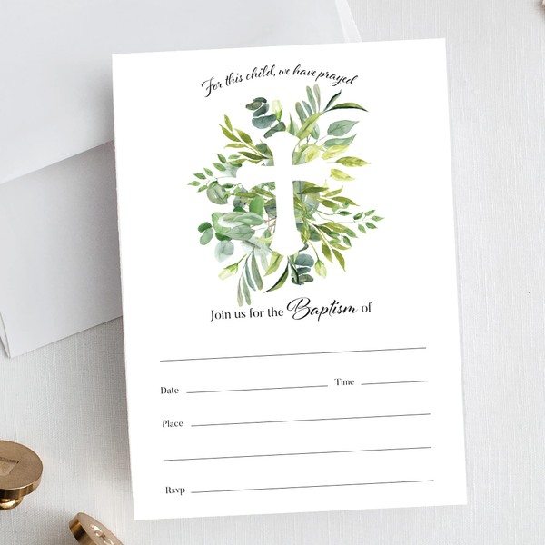 Moonrise Papery Set of 25 Greenery Baptism Invitations with Envelopes