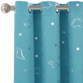 LORDTEX Dinosaur and Star Foil Print Blackout Curtains for Kids Room - Thermal Insulated Curtains Noise Reducing Window Drapes for Boys and Girls Bedroom, 42 x 63 Inch, Teal, Set of 2 Panels