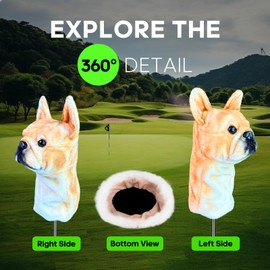 FurryClone Realistic Golden French Bulldog Golf Club Head Cover - Ideal for 450CC & 460CC Clubs - Premium Protection & Adorable Design