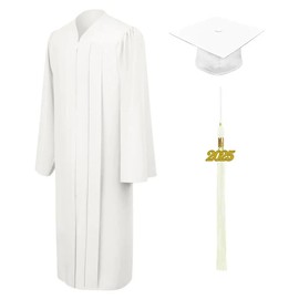 CLERKMANS White Cap & Gown & Tassel Package - High School Graduation Cap And Gown Set – Matte Fabric 42 (4'9"-4'11")