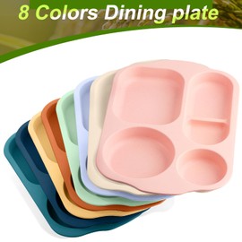 Vesici 8 Pcs Large 12 Inch Unbreakable Divided Plates for Kids Adults - Wheat Straw Tray - Microwave Dishwasher Safe - Reusable Plastic Compartment Plates(Multicolor)