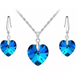 "Handmade" Sterling Silver Crystal Sapphire Heart Pendant Necklace Drop Earrings Set F12