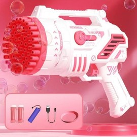 Upgraded Rechargeable Bubble Machine with 69 Holes and Colored Lights,Colorful Lights Bubble Maker Machine,Wedding Party Props,Perfect for Outdoor Play,Suitable for Parties, Gatherings, Camping, Weddings bubbletoy:_69 Holes Bubble Machine-Pink 