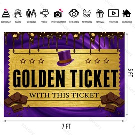 TOAOFY 7x5FT Golden Ticket Photography Backdrop with This Ticket Chocolate Factory Candy Party Background Kids Birthday Party Banner Baby Shower Decor Photo Booth Props TAYBDJ820