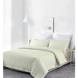 Lasin Bedding, Luxury Super Soft 100% Cotton Duvet Cover Pillowcases Fitted Sheet Set, Stripe, King, Ivory