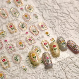 Flower Nail Decals Embossed Summer Tulip Art Stickers 5D Self-Adhesive Gold Pink Nail Stickers Floral Nails Designs Decals Summer Nails Decoration for Women Girls Nail Art Supplies