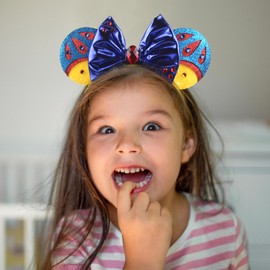 zhezesmila Mouse Ears Headbands Snow White, Princess Headbands Cospaly with Red Star Blue Sequin Bow, Hairs Accessories for Girls Women Adult Kids Birthday Party