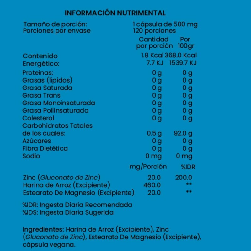 Zinc 120 Suplemento alimenticio, 120 cápsulas vegetales